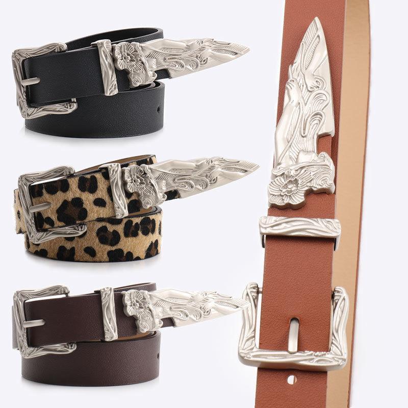Leopard Print Western Style Leather Belt For Women And Men With Alloy Buckle For Casual Wear