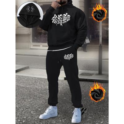 Men's Casual Hoodie Set, Fashionable Printed Sportswear and Pants Set, Letter Printed Trend