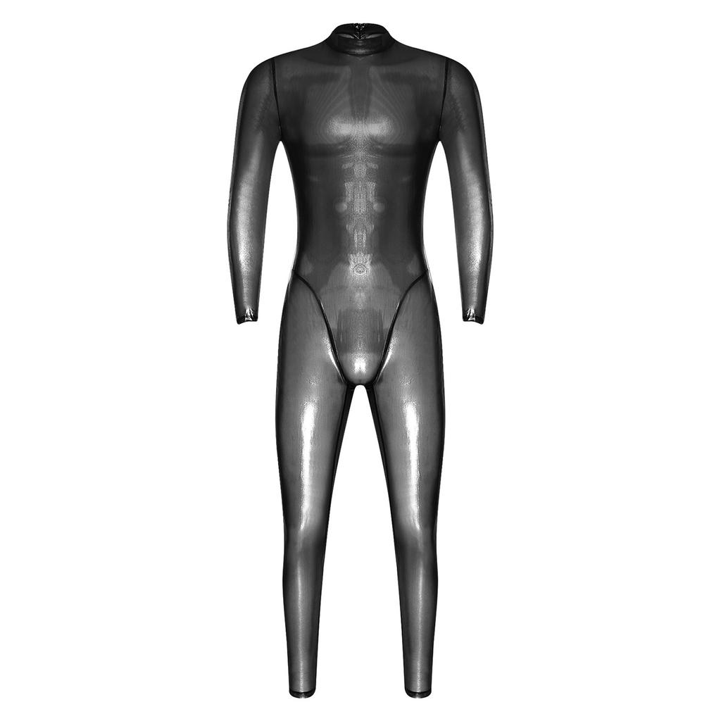 Tuta Holografica Trasparente da Uomo Manica Lunga Full Body Zip Posteriore Catsuit Clubwear
