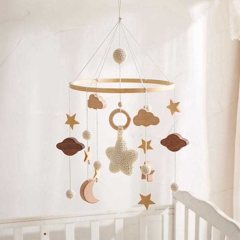 Baby Crib Mobile Wooden Bed Bell Rattle Toy Soft Felt Star Moon Wind Chime Pendant Newborn Comfort Bed Bell Toys Baby Gift
