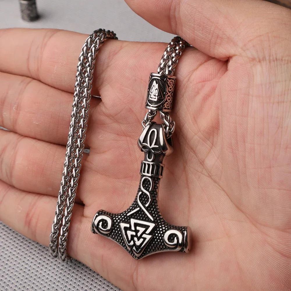 Flerfärgad pärlhalsband med vikingahammare och Thors hammare, rostfritt stål, herrhalsband, Mjolner amulett, smycken