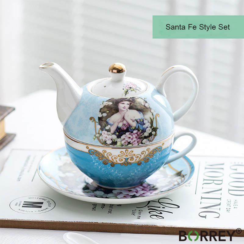

BORREY Bone China Чайный горшок Набор Цветочный чайник Керамическая чашка Офисная кофейная чашка Кружка Послеобеденный чайный сервиз в британском стиле Набор из 4 предметов Santa Feel Set