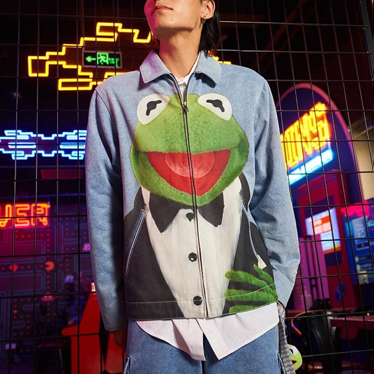Li Ning X Disney Muppets Comet Collection Cartoon Print Washed Denim Jacket Men Jacket Light-Blue AJDR419-2