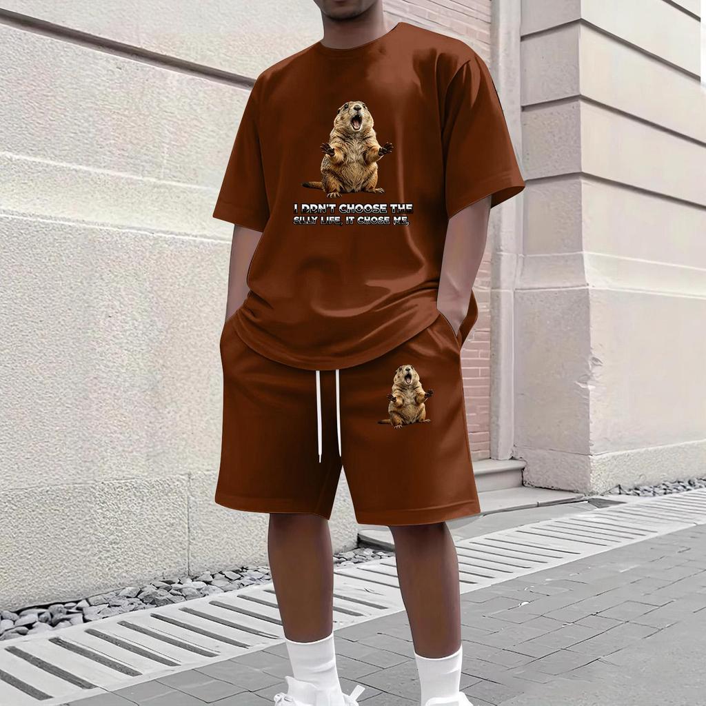 Men's Casual Two Piece Set Short Sleeve Crew Neck T Shirt and Shorts with Animal Print Loose Fit Summer Outfit Comfortable Daily Wear