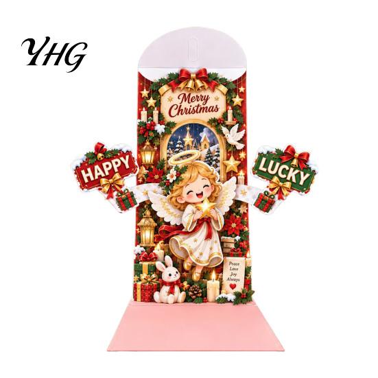Retro Style Christmas Cards 3D Pop Up Card, Money Gift Card Holder with Handwritten Holiday Blessing Cash Slot, Hummingbird Santa Reindeer Design,