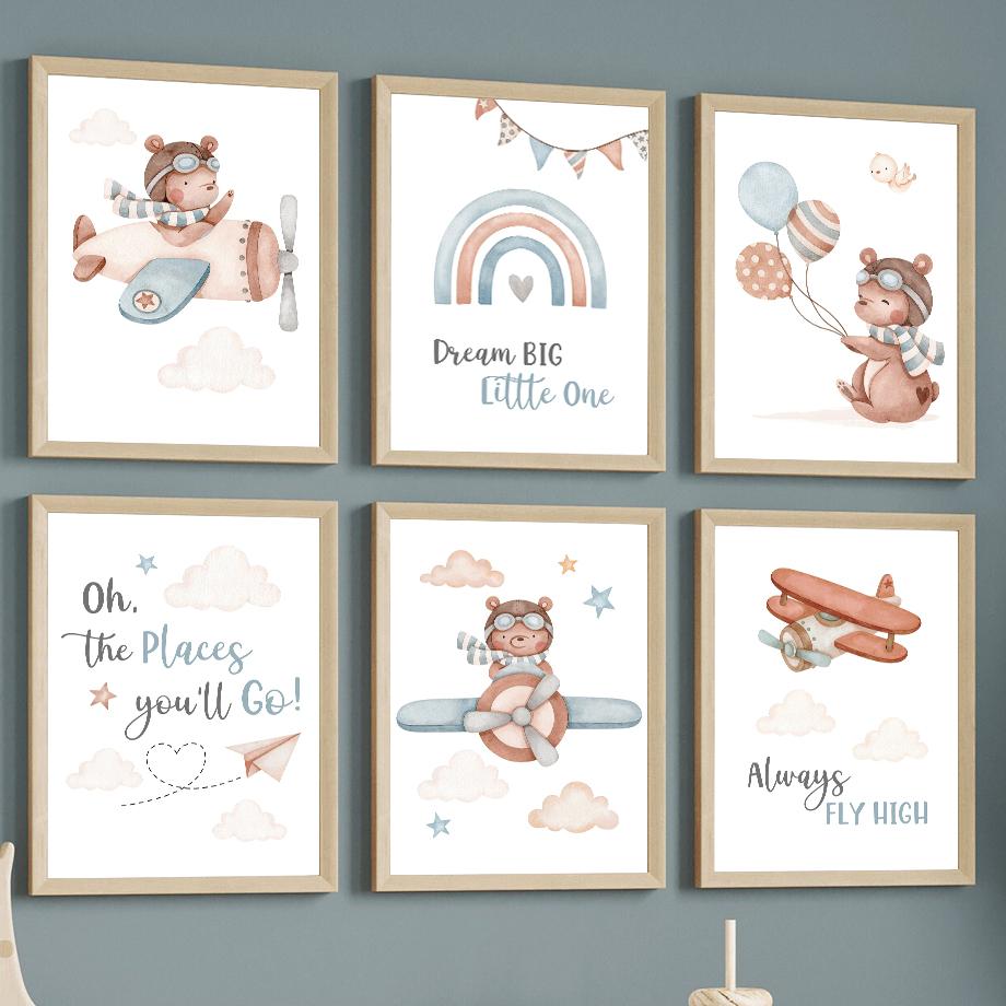 Flugzeug Bär Ballon Regenbogen Traum Zitate Nordische Poster Drucke Leinwandmalerei Cartoon Wandkunst Bilder Für Kinderzimmer Dekor