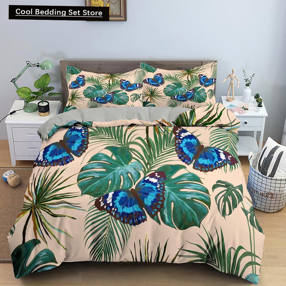 Comforter Tropical Leaves Butterfly Printed Bedding Sets With Pillow Case Luxury Polyester Queen/King Size Gift Blue