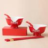 Red Double Happiness Ceramic Tableware Set: Wedding Bowl, Spoon, and Chopsticks Gift
