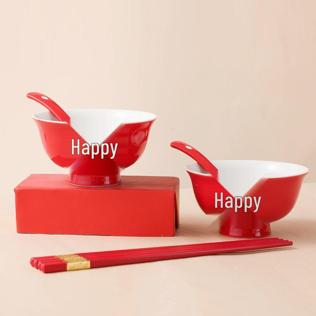 Red Double Happiness Ceramic Tableware Set: Wedding Bowl, Spoon, and Chopsticks Gift