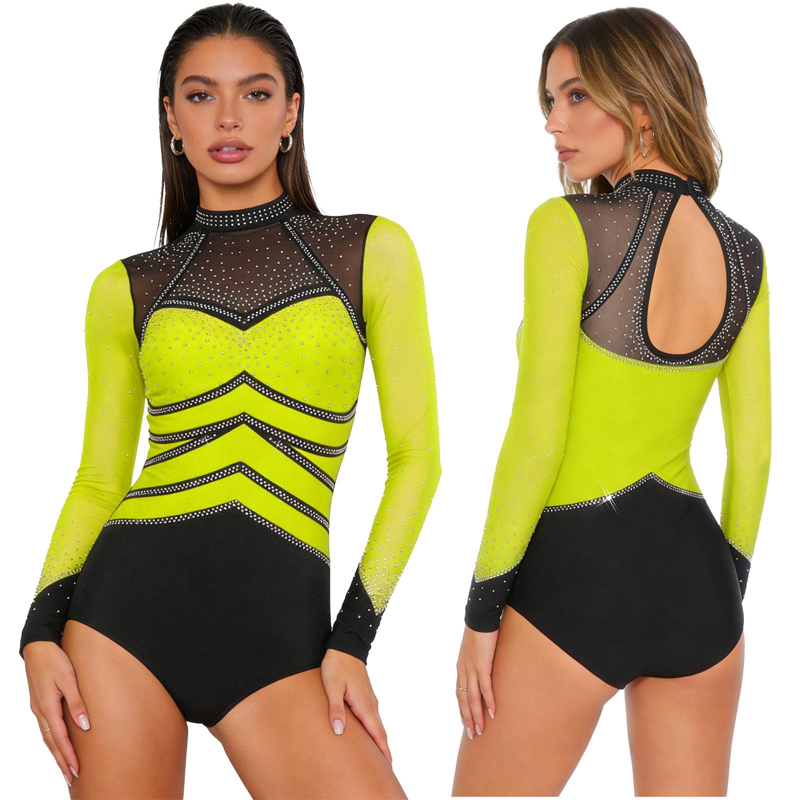 

Womens Gymnastics Rhinestone Bodysuit Mesh Long Sleeve Back Cutout Buttoned Crotch Color Blocking Romper Jumpsuit S флуоресцентний жовтий колір