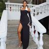 European and American Women's Clothing Pure Color Dress Sexy Halter off-the-Shoulder Long Sleeves Casual Slit Temperament Dress Dress