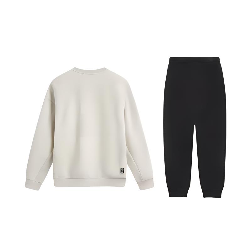 Li-Ning Round Neck Pullover Letter Print Loose Shoulder Long Sleeve Elastic Waist Long Pants Casual Sports Suit Unisex Suit AWDV031-6+AKLSG35-1