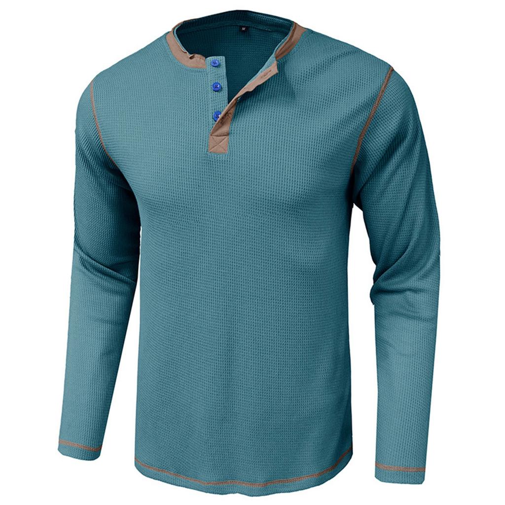 Men's Color Blocked Versatile Long Sleeved Shirt Retro T-shirt Bottom Shirt