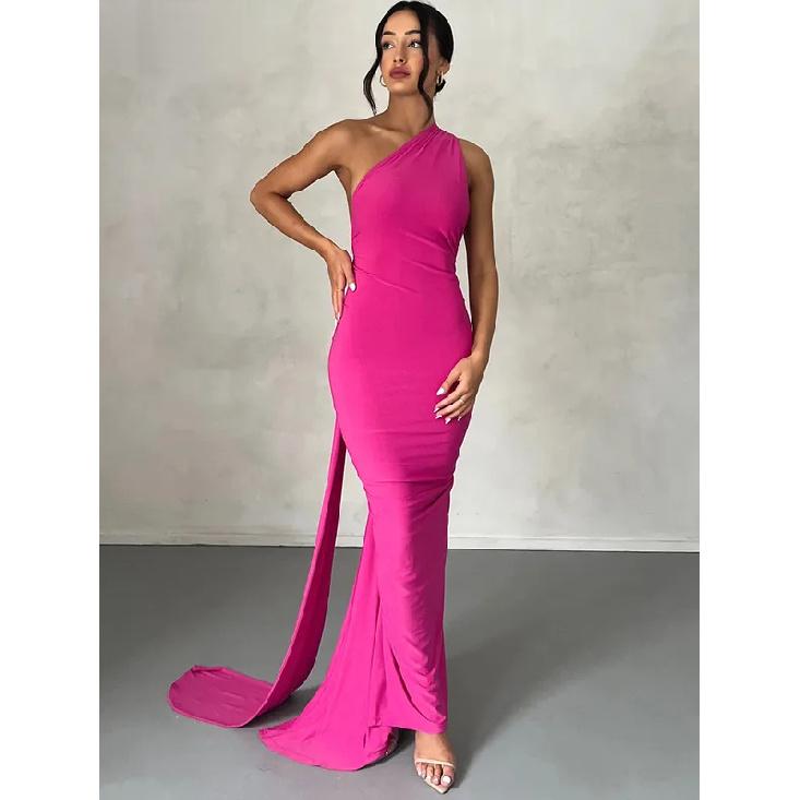One Shoulder Rückenfrei Verstellbarer Schal Loop Gerafftes Sexy Maxikleid Damen Elegant Y2K Streetwear Festival Outfit