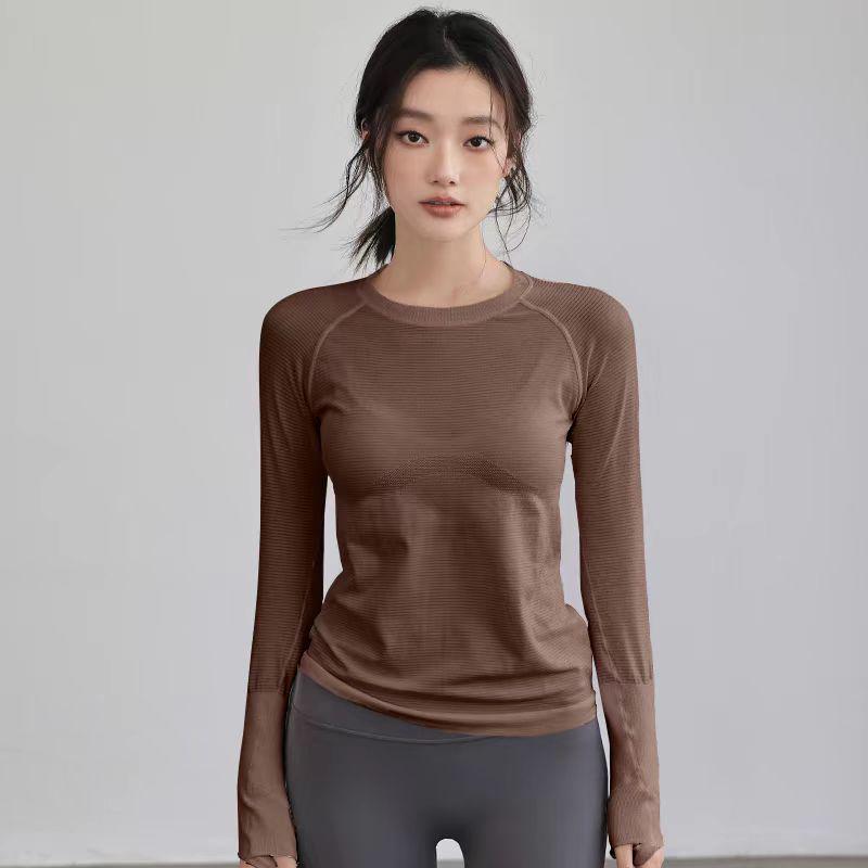 Women's Seamless Long-Sleeve Sports Top for Running & Yoga - Quick-Dry Elastic Knit Crew Neck