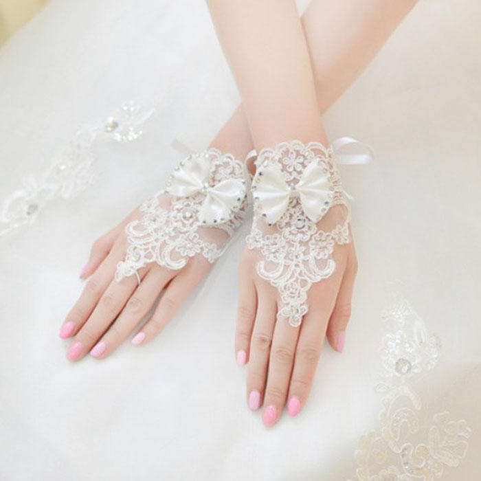 Rhinestone Lace Brides Wedding Floral Bowknot Fingerless Short Gloves