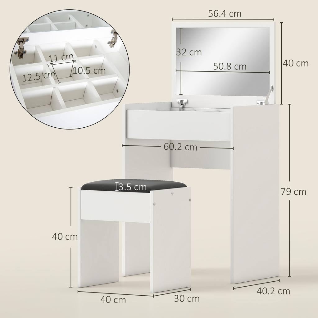 Tocador de Maquillaje con Espejo Plegable, Tocador de Maquillaje Moderno, con Taburete, Compartimento de Almacenamiento con 10 Secciones, MDF Blanco, 60.2 x 40.2 x 79cm