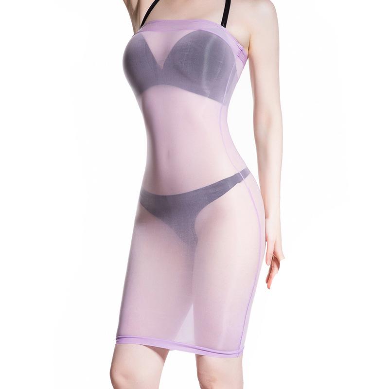 Qinghe 912 8D Sheer Oily Stockings with Tube Top Dress, Tight Mini Skirt Cheongsam, and Ultra-thin Transparent Design