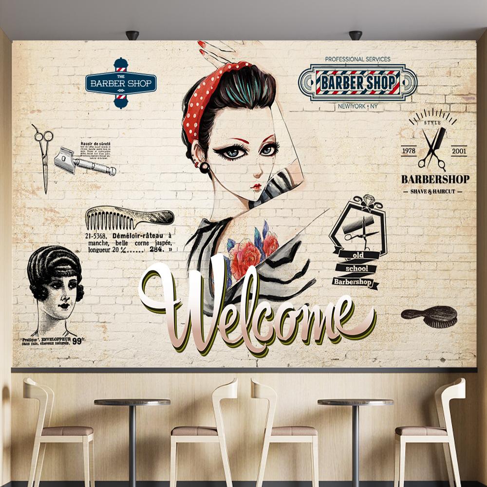 Retro Industrial Style Beauty Salon Mural Hair Salon Brick Background Wall Paper Barber Shop Decor Mural Wallpaper