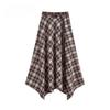 Autumn Retro Plaid Skirt Women High Waist A Line Midi Length Irregular Hem Vintage Fashion