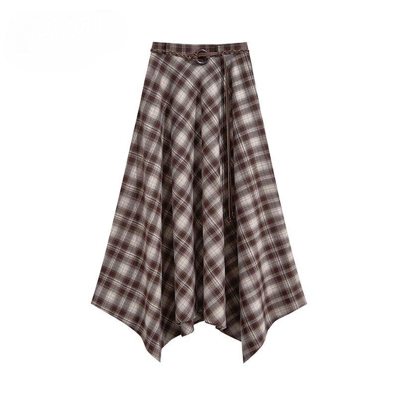 Autumn Retro Plaid Skirt Women High Waist A Line Midi Length Irregular Hem Vintage Fashion