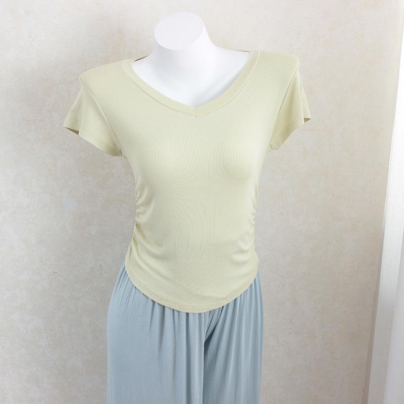 Women's V-Neck Short-Sleeved Pleated Waist Slimming Top