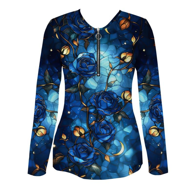 Spring and Autumn Top Women's Blue Rose Stained Glass Print Long Sleeve Half-Zip V-Neck Slim Fit Top