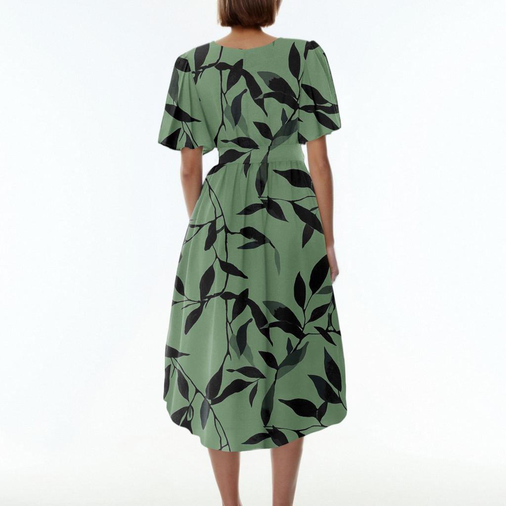 Damen Locker Lässig V-Ausschnitt Ausgestellter Rock Kurzärmlig Bedrucktes Kleid Bedrucktes Kleid