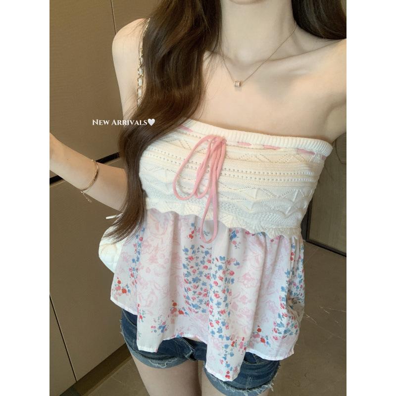 Pure desire sweet and spicy splicing floral tube top women summer slim and thin pink chic top