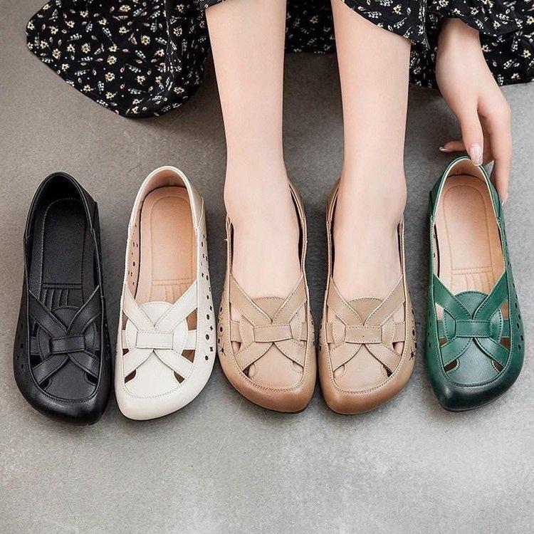Zapatos de cuero suave para personas sandalias de suela blanda de tendón de res zapatos Doudou de malla hueca zapatos de verano sencillos