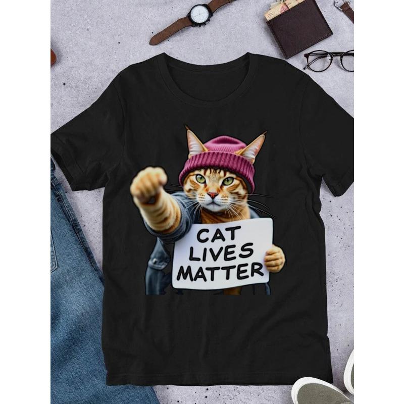 Europäische Größen Herren Vintage Katze & „Cat Lives Matter“ Grafik-T-Shirt - Ausgefranster Druck Rundhals Kurzarm, Robuste Nähte