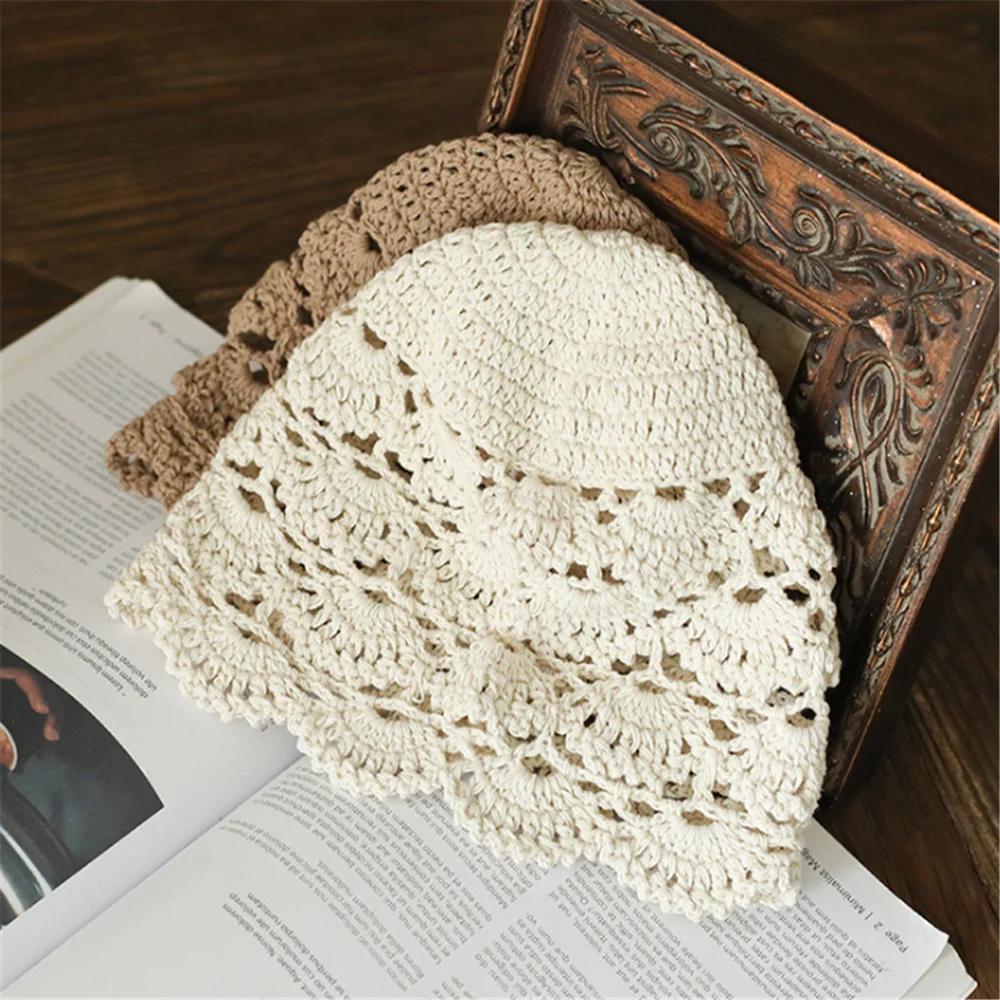 Hand-Knitted Flower Hollow Thin Cap Spring and Summer Lace Breathable Kerchief Crochet Toe Cotton Thread Hat Female