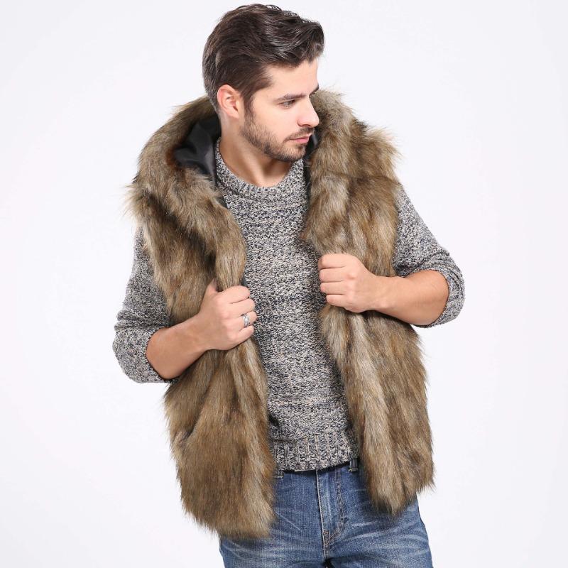 Winter Men s Hooded Faux Fur Warm Oversized Sleeveless Brown Vest S жёлтый
