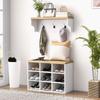Hallway Entryway Unit with Coat Rack and Shoe Bench, 3 Hooks and Shelves for 9 Pairs of Shoes, White