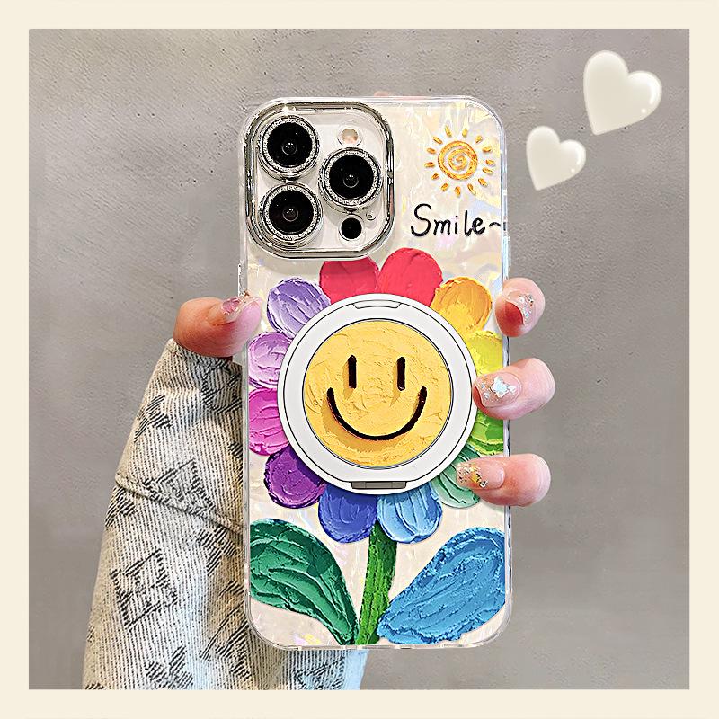 Smiley Sunflower iPhone Case: Compatible with iPhone 13-17 Pro Max, with Stand, Korean Spring Style