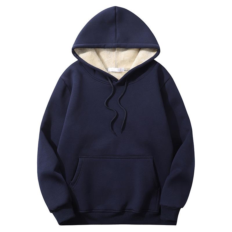 Lambswool  Solid Color Loose Warm Padded Sports Men's European Hooded Sweatshirt Plus Size