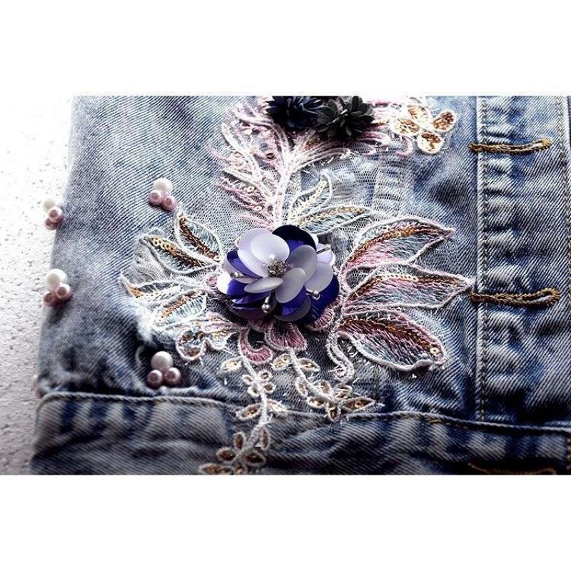 Denim Vest Women's Short Autumn Car Flower Patch Heavy Industry Beaded Sleeveless Waistcoat
