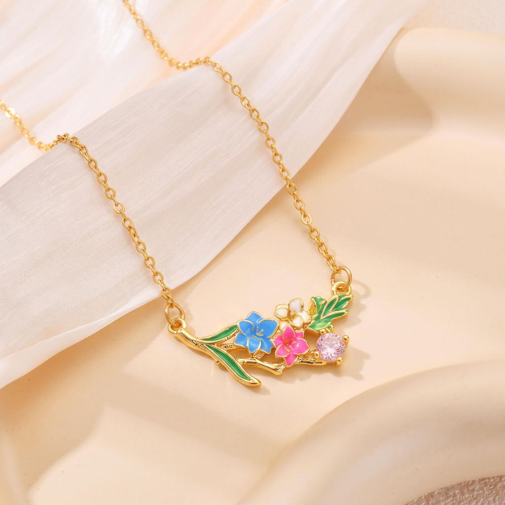 Necklace New Chinese Enamel Flower Branch Necklace Women's Summer Small Fresh Titanium Steel Necklace Fashion ins Clavicle Chain