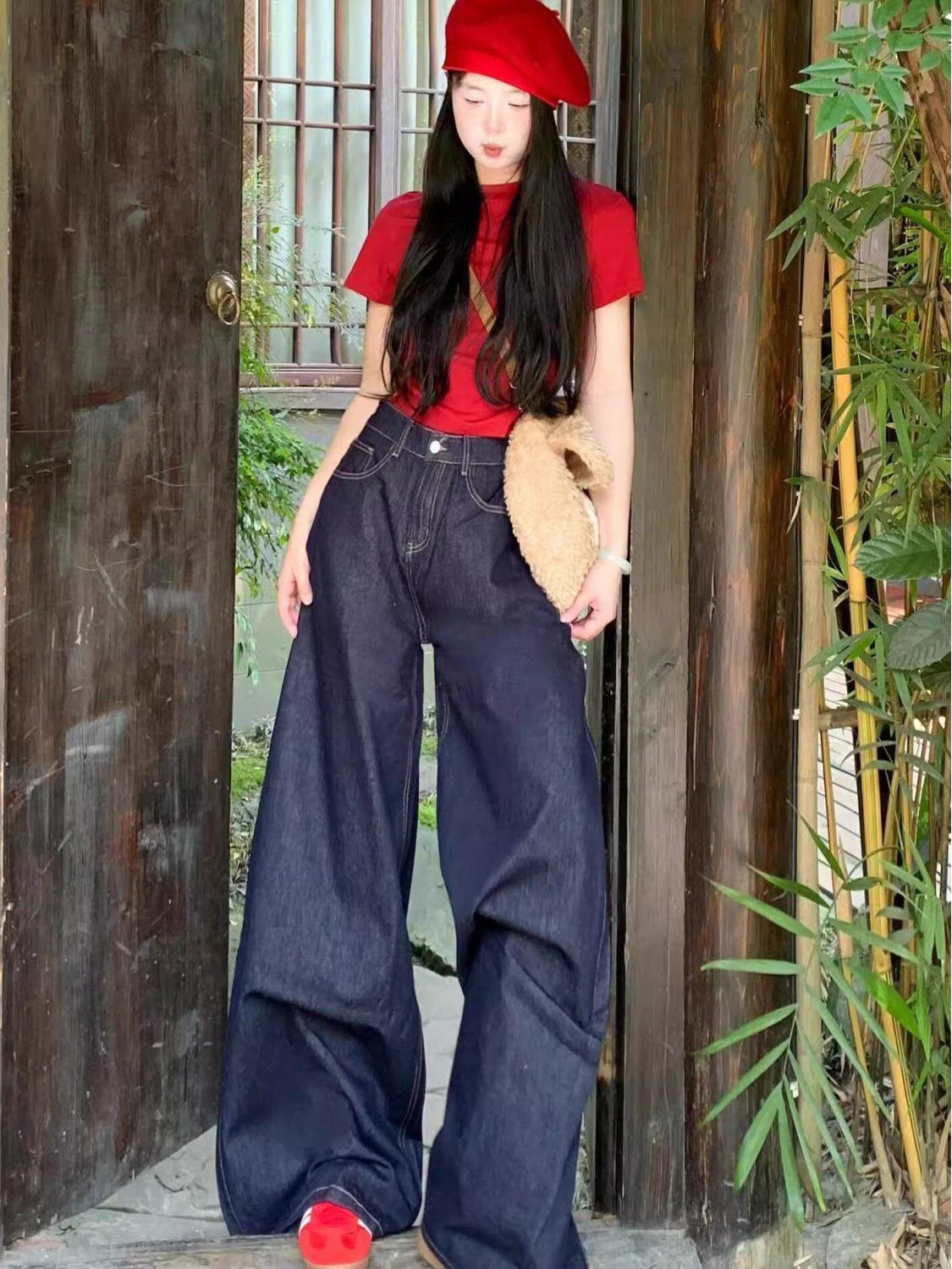 

Women s Dark Blue Wide-Leg Jeans - Summer 2025 Casual, Floor-Length Draping Pants L темно-синий