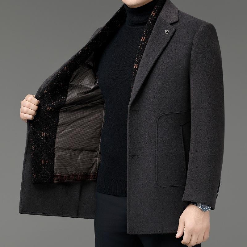Winter wool coat for middle-aged men with suit collar, casual and versatile double-sided woolen coat, down lining, thick windbreaker