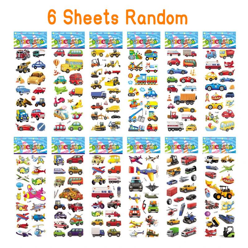 6/12 Sheet 3D Puffy Stickers for Kid Engineering Vehicle Excavator Stickers Cartoon Cars Stickers Toys for Children Gift for Boy