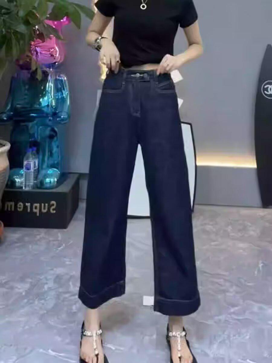 

Джинсы с высокой посадкой в корейском стиле 2025: Слимминг, Универсальные, Широкие брюки для женщин 2XL темно-синий