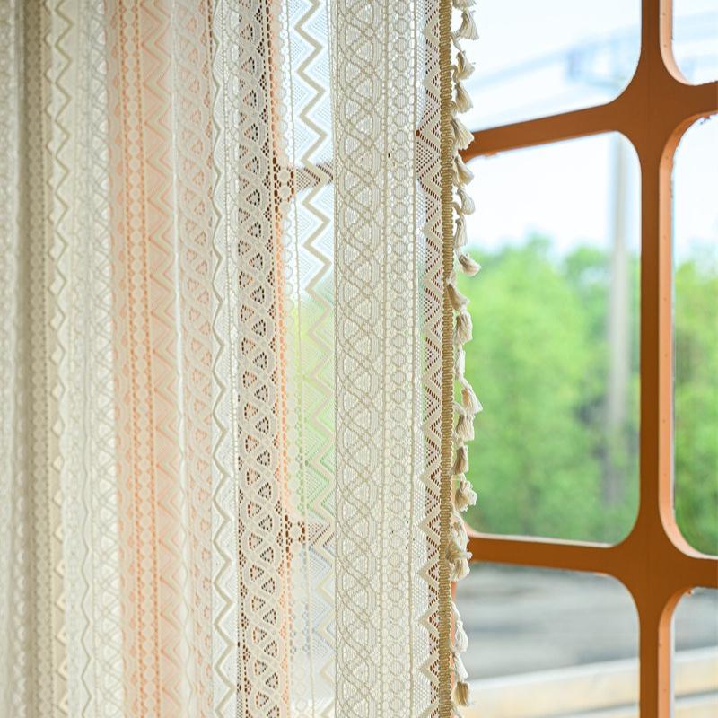 French Translucent Curtains Bohemian Style Hollow Lace Fabric Four Season Universal Living Room Decoration Drapes Vintage Tassel Fabric Curtain