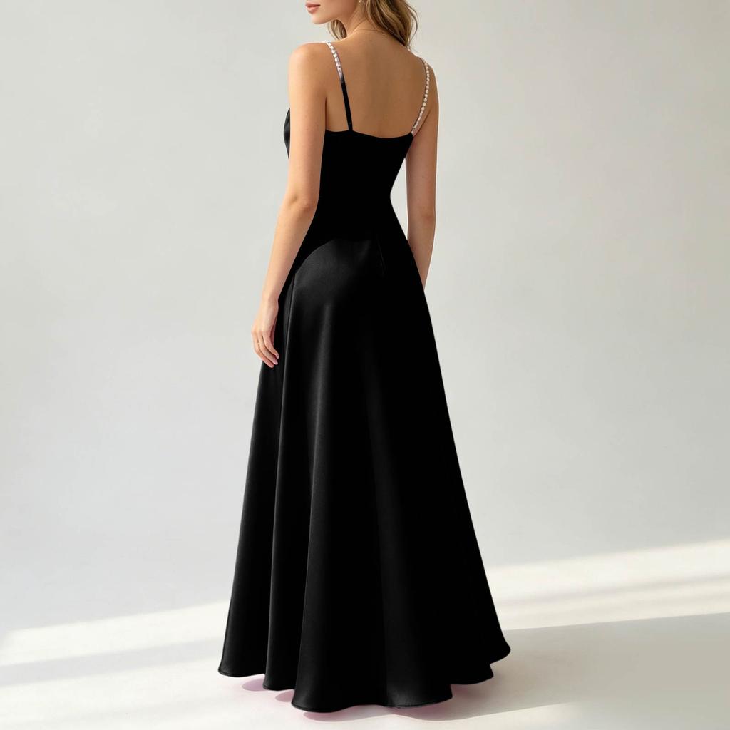 Sleeveless Satin Long Dress with Beaded Spaghetti Straps Floor Length Slim Fit Evening Gown Elegant Formal Occasion Dress