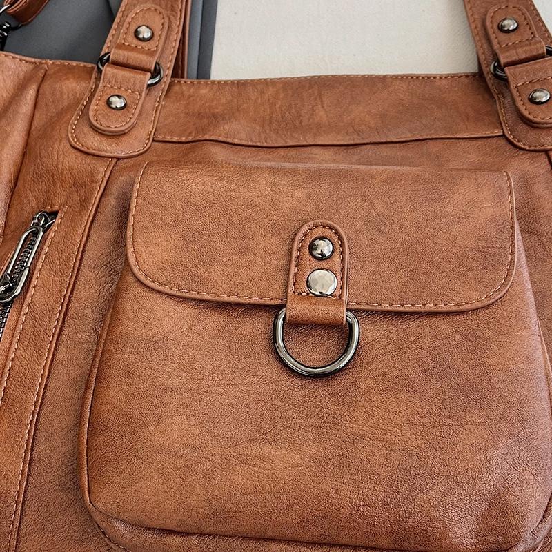 Fashionable PU Tote Bag Women's Multi Pocket Handbag with Adjustable Shoulder Strap Everyday Carry Bag