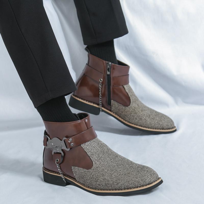 New Arrival Trend Men's Pointed Mixed Patchwork Ankle Boots British Designer Botas Trend Casual Luxury High-top Punk Rock Shoes
