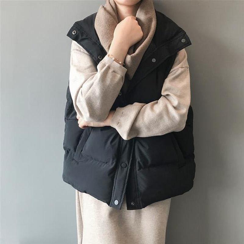 Autumn Winter Women Solid Loose Vest Drawstring Stand Collar Long Vest Jacket Cotton Padded Women Windproof Warm Waistcoat