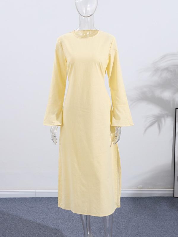 Spring and Summer Women's Clothing Foreign Trade New Temperament Round Neck Long Sleeve Waist Lace-up Dress Horn Sleeve Long Dress