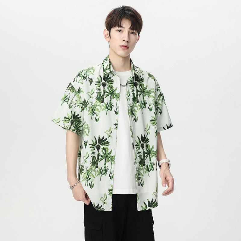 Men's Oversized Palm Tree Print Short Sleeve Shirt - Green Hawaiian Casual Button Down Top