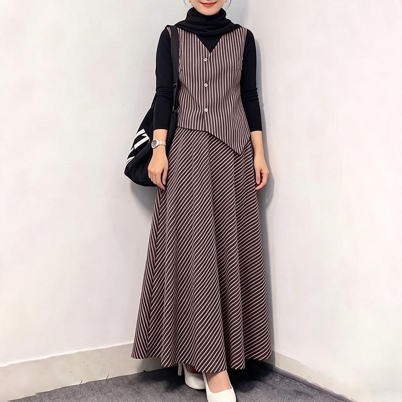 ZANZEA Women Splice Long Sleeve Blouse and Long Skirts Stripe Prin Two Piece Sets